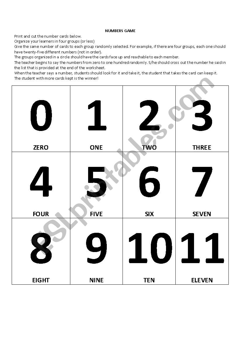 Numbers Game worksheet