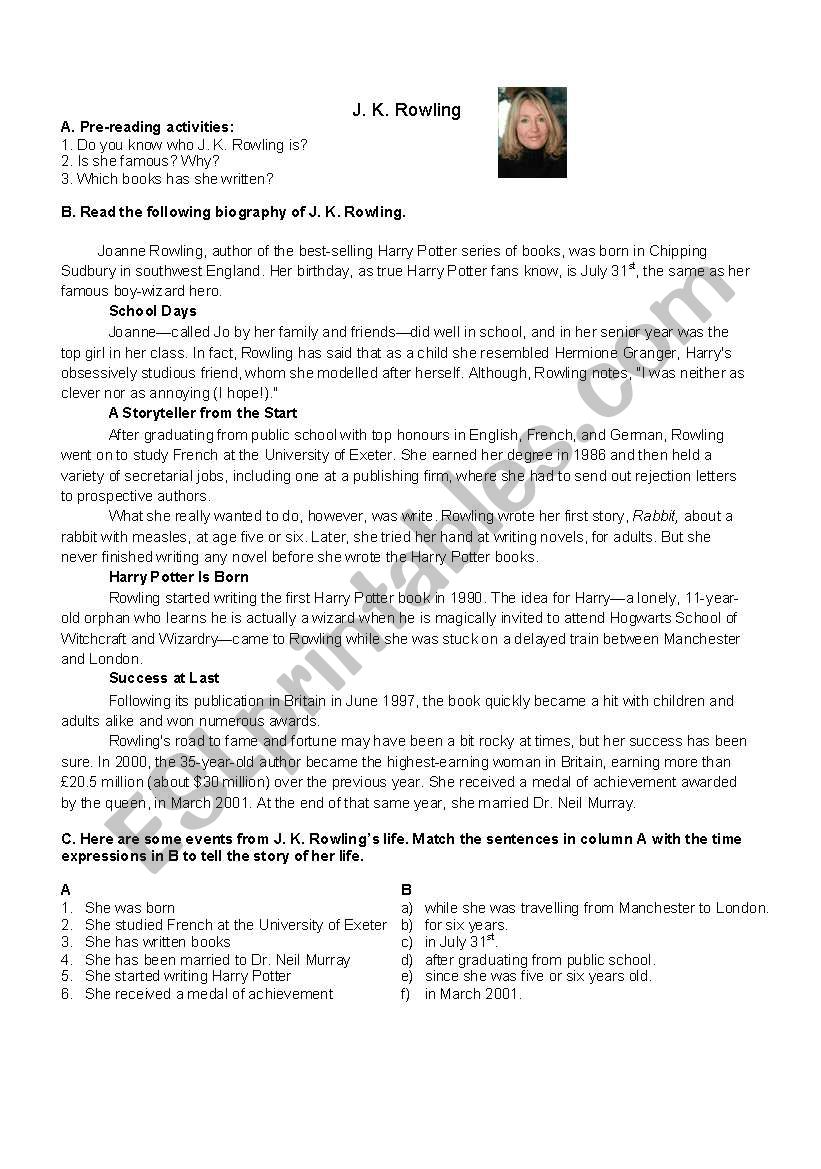 J K Rowling worksheet