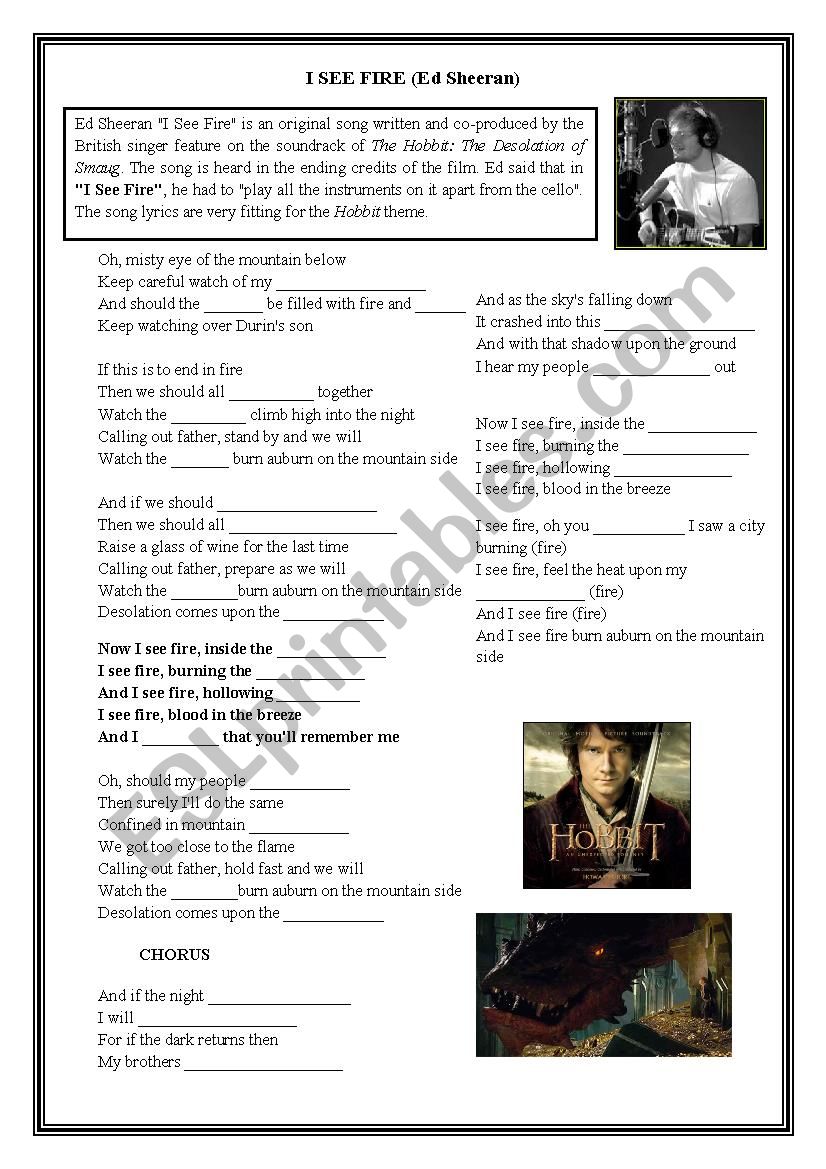 I see fire - Ed Sheeran worksheet