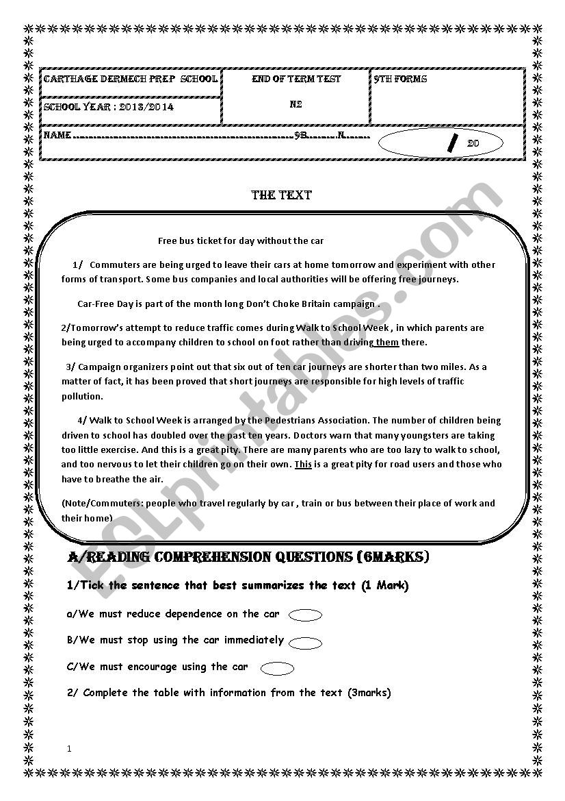 end of term test n2 9th form worksheet