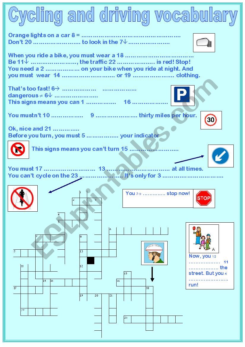 Cycling and driving vocabulary - crosswords