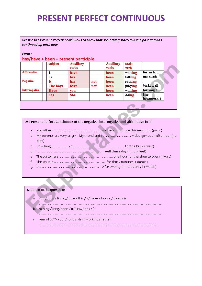 worksheet on the present perfect+ ING