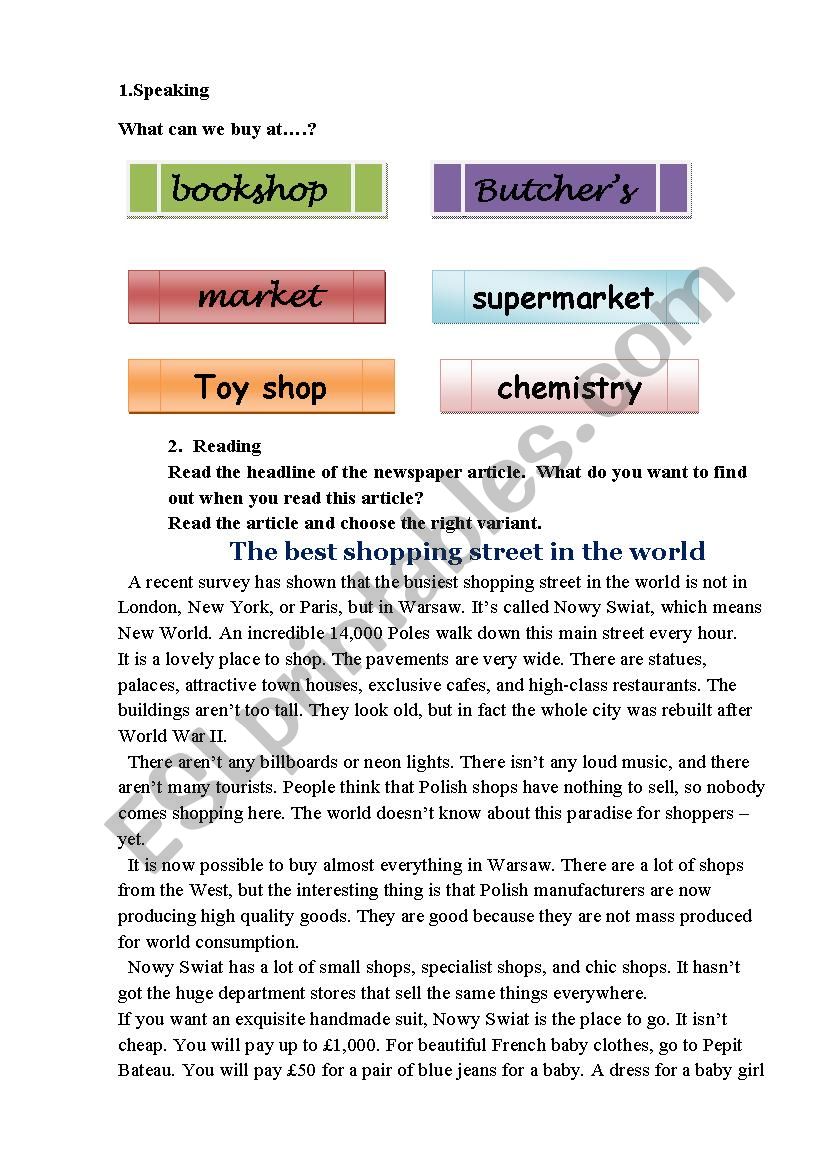 shopping worksheet