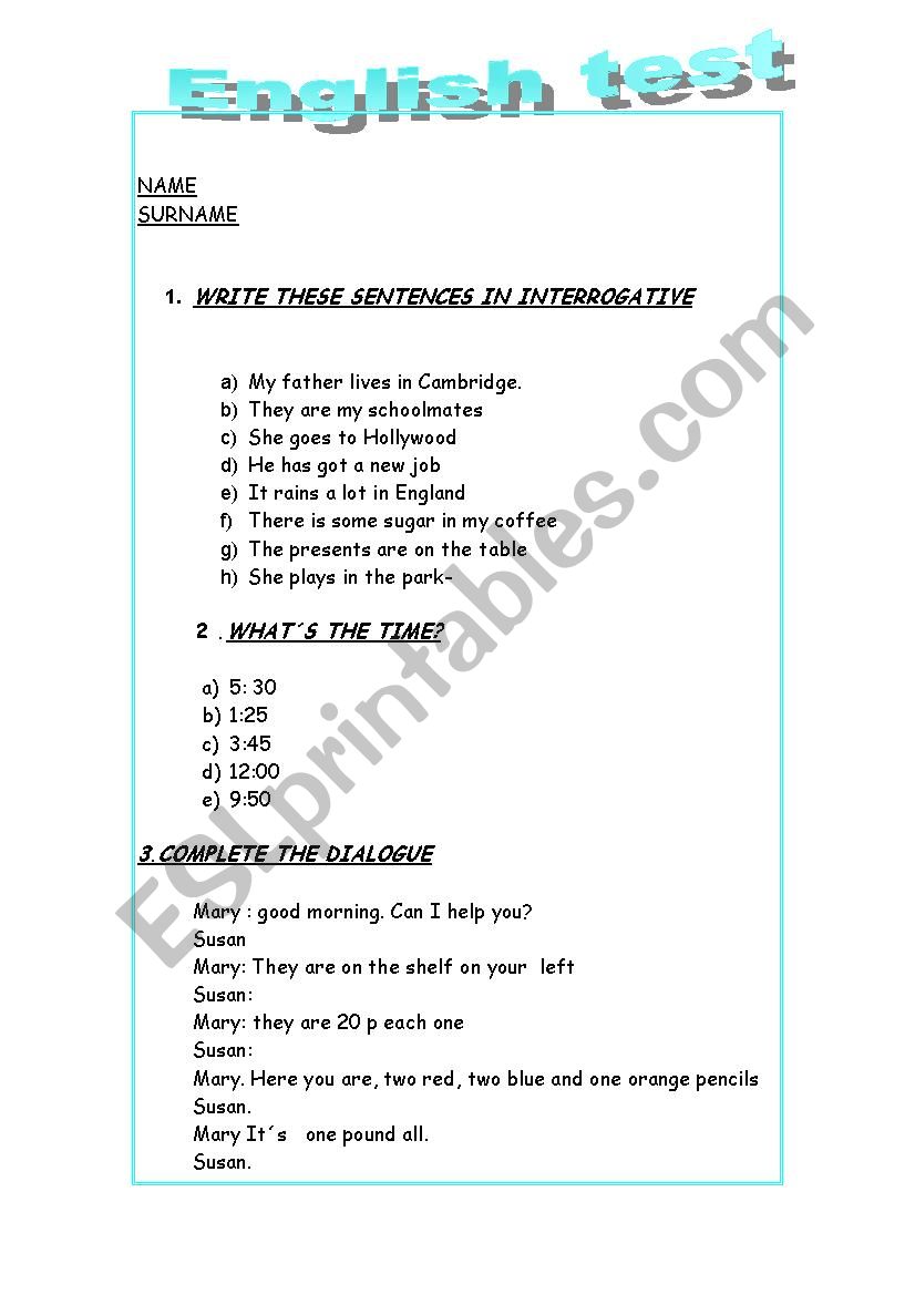 english test for beginners worksheet