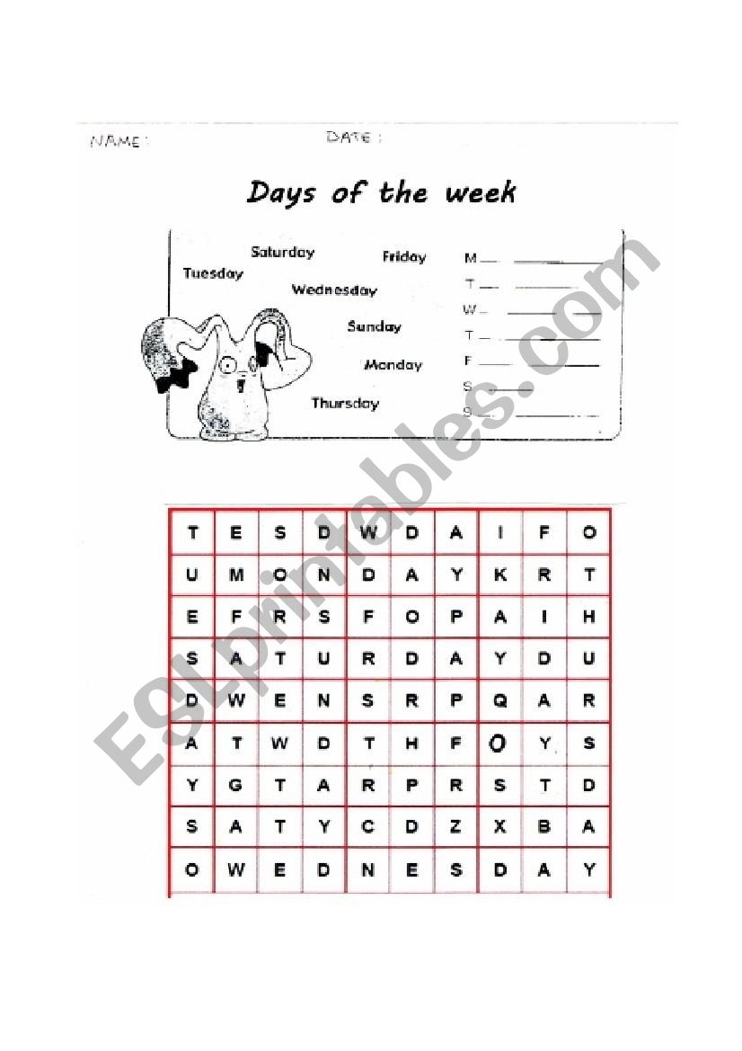 Days of the week worksheet