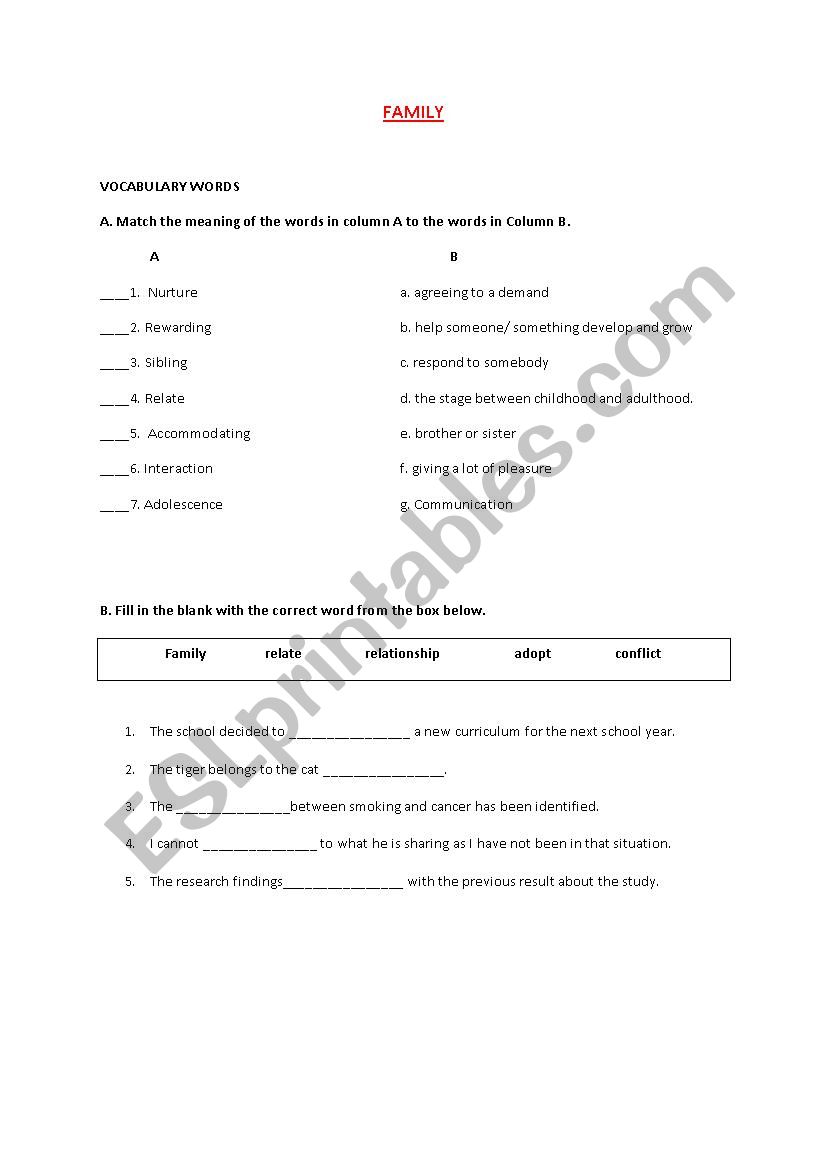 VOCABULARY WORDS ABOUT FAMILY worksheet