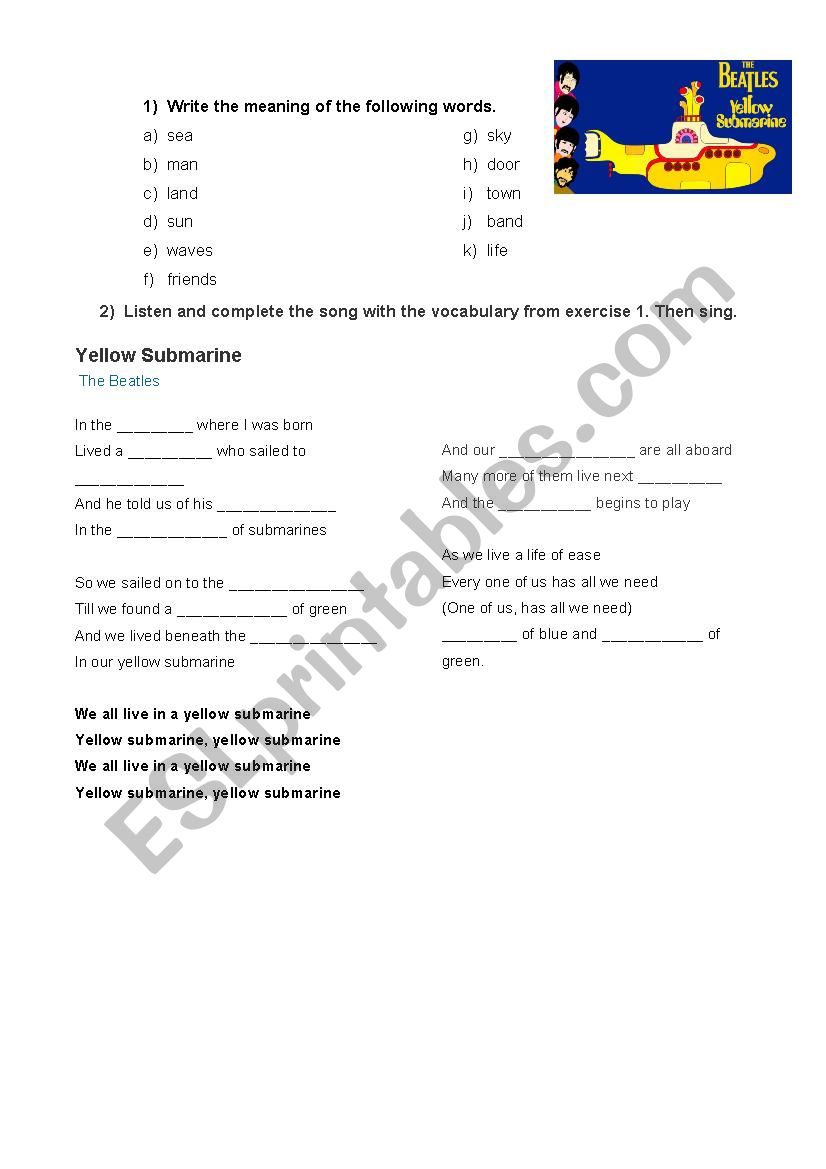 Song activity worksheet