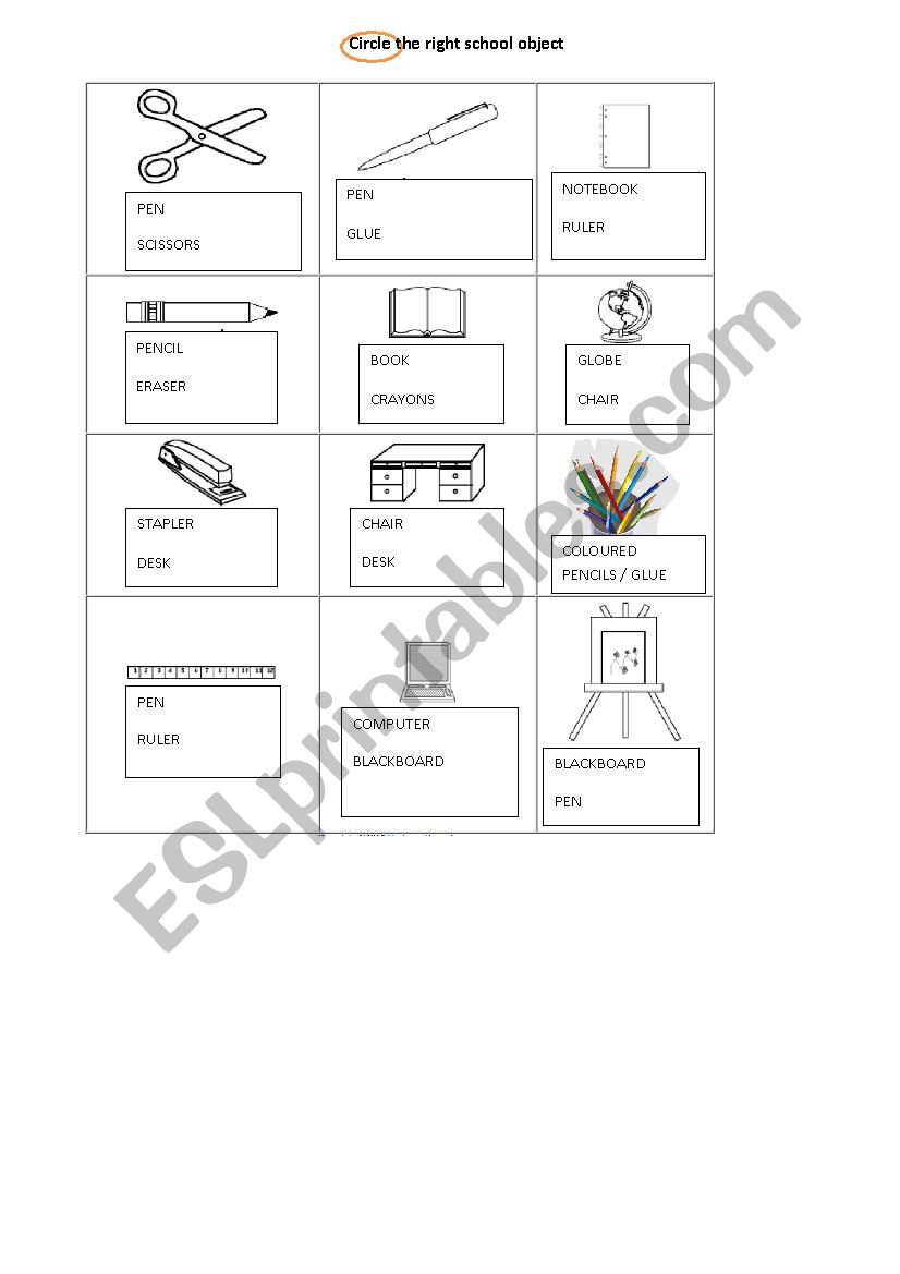 School objects worksheet