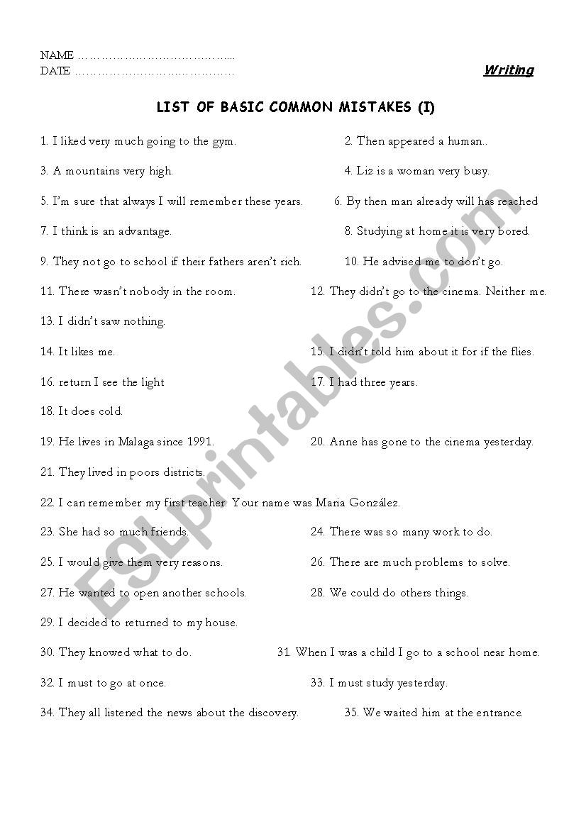 Common mistakes worksheet