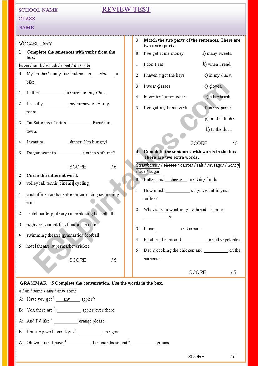 Grammar review test for elemntary levels