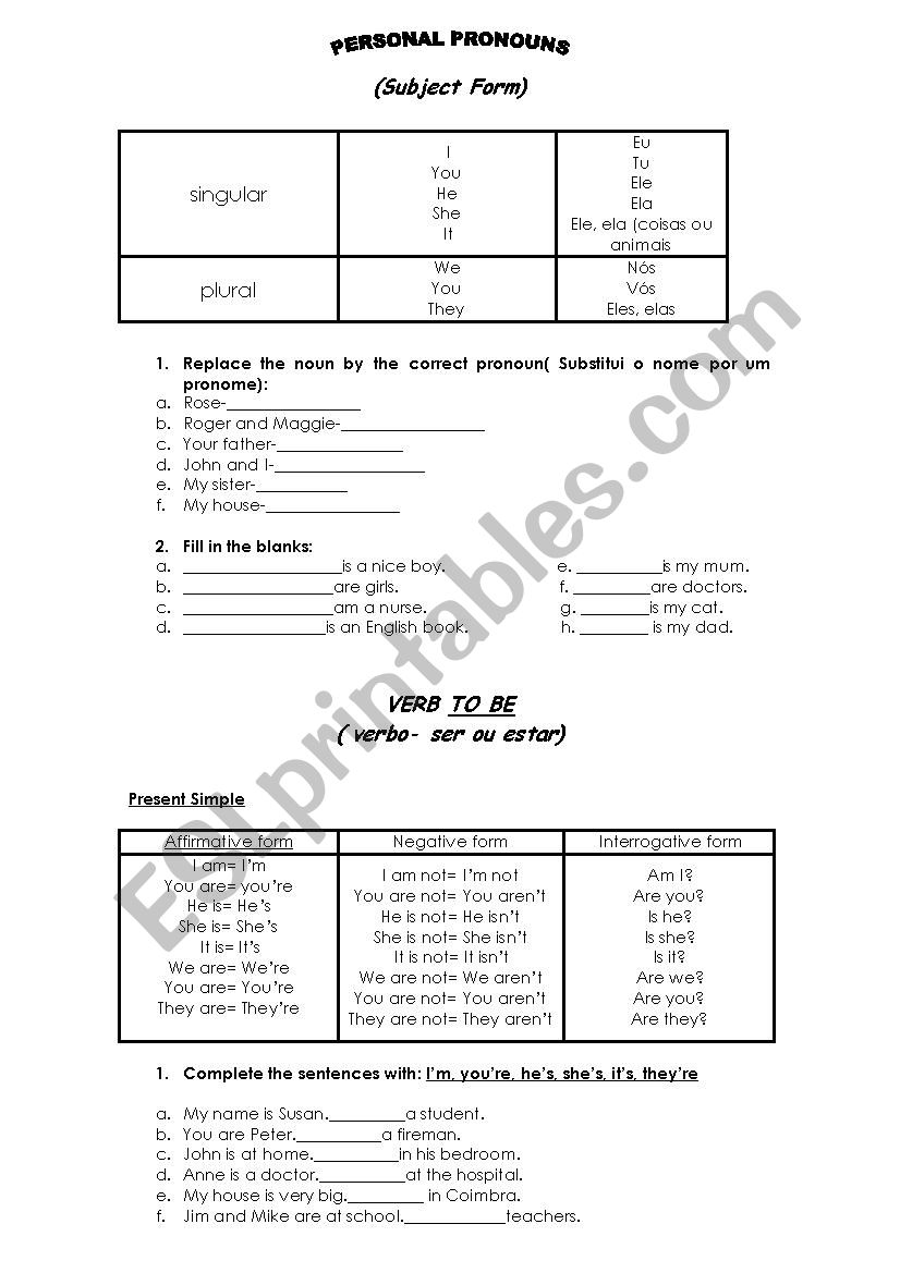 Personal pronouns worksheet