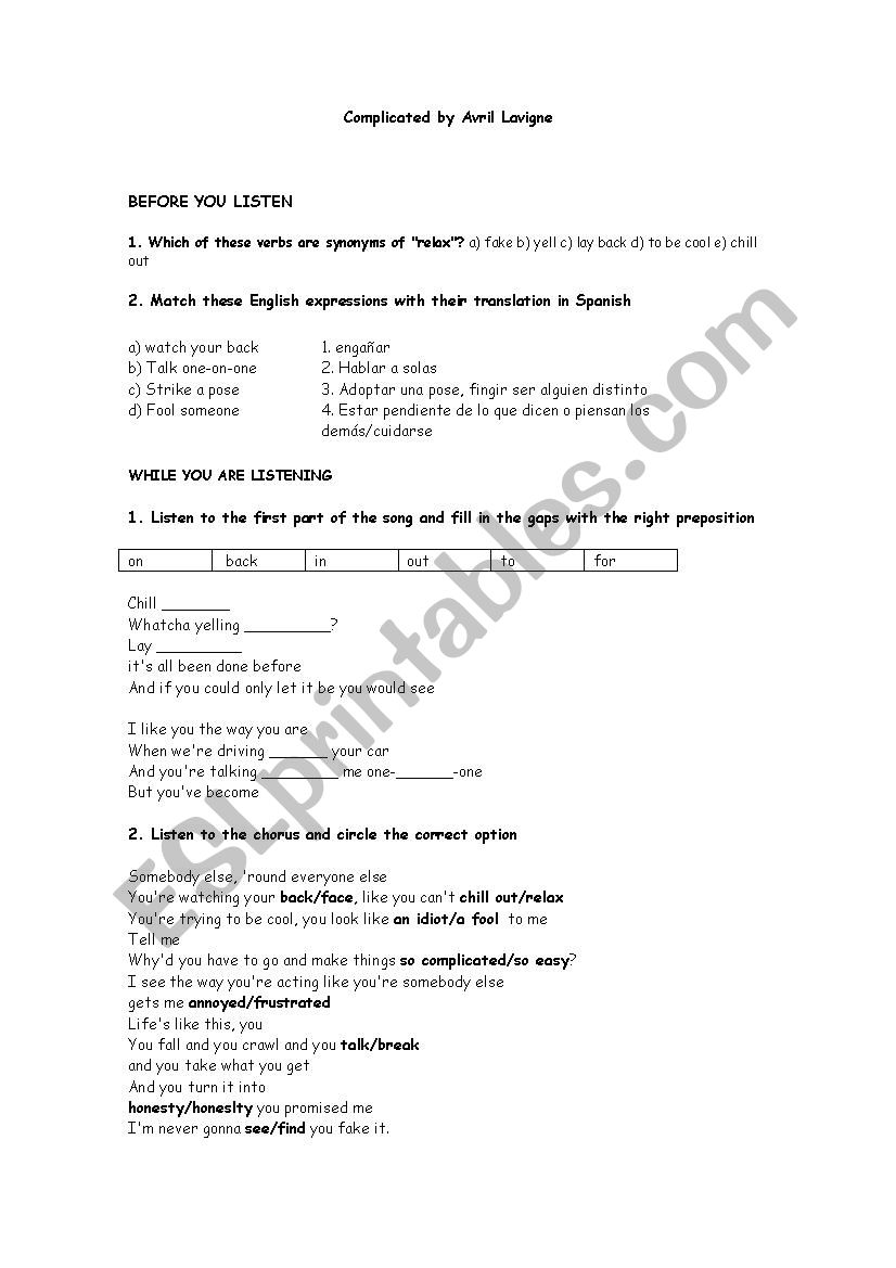 Complicated by Avril Lavigne worksheet