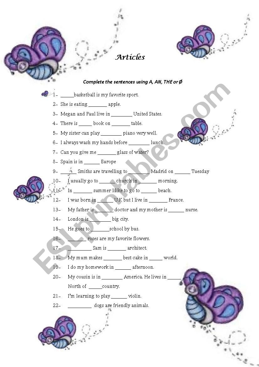 Articles worksheet