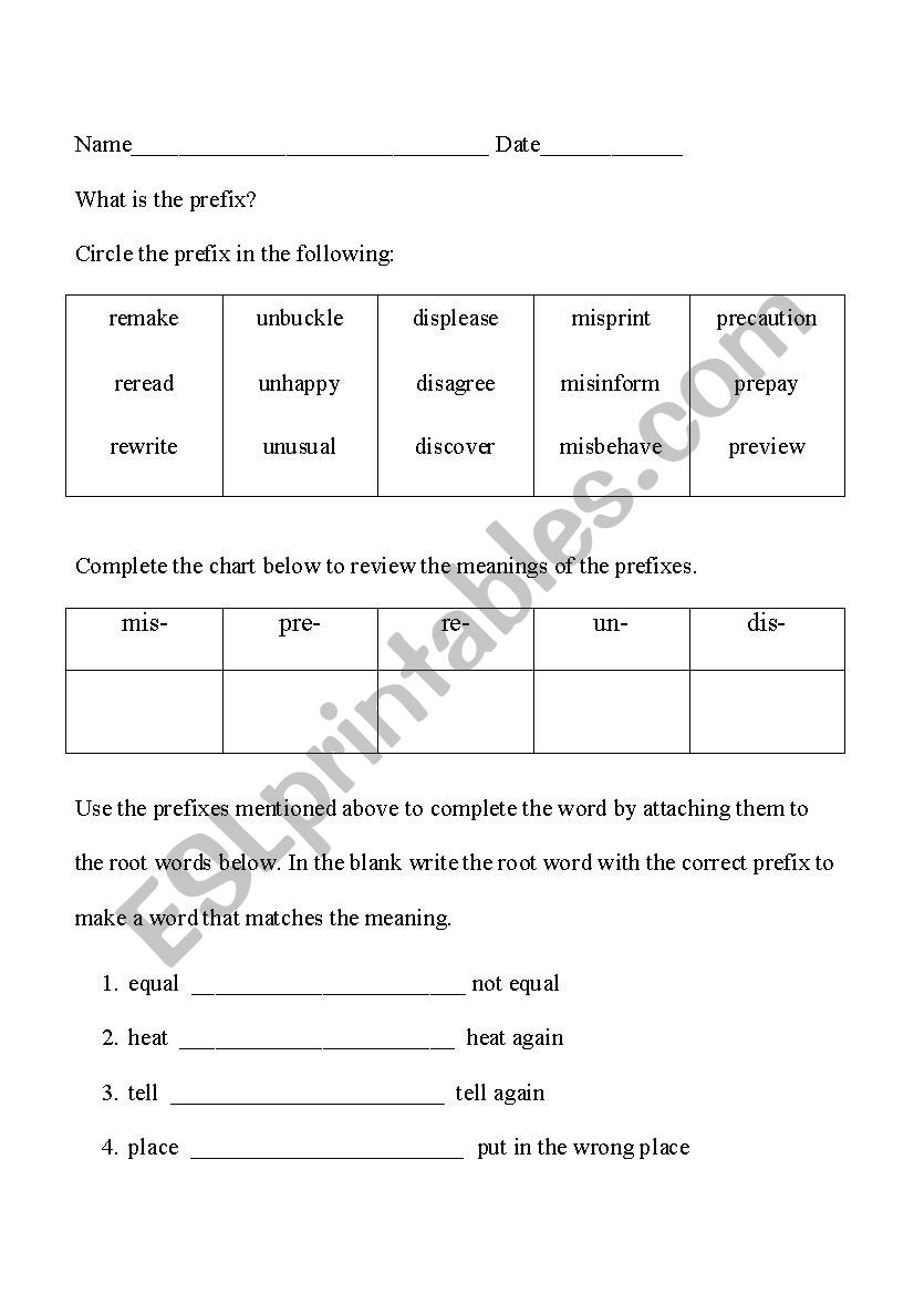 Prefix Practice Mis-, Pre-, Re-, Un-, and Dis-