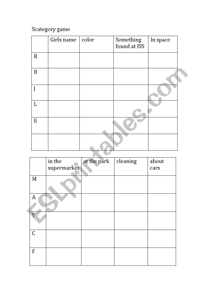 Scategory Game worksheet