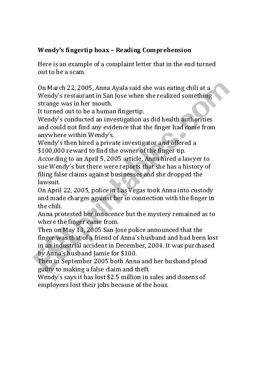 Wendys Fingertip Hoax Reading Comprehension 