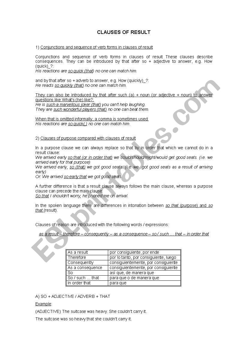 result clauses worksheet