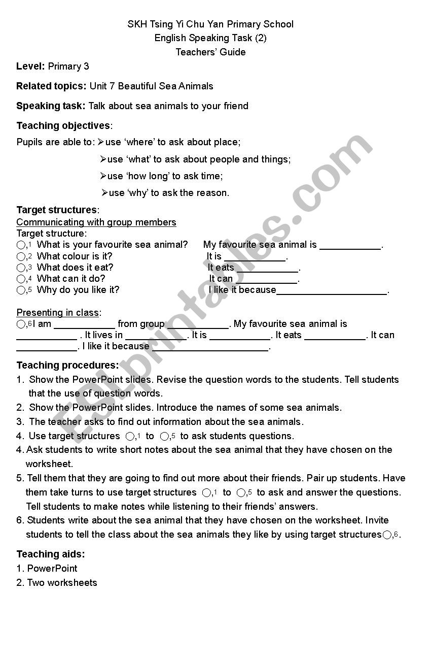 Sea Animals worksheet