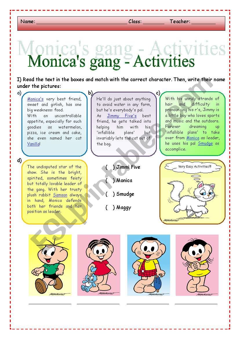 Activies with Monicas gang - reading and puzzle