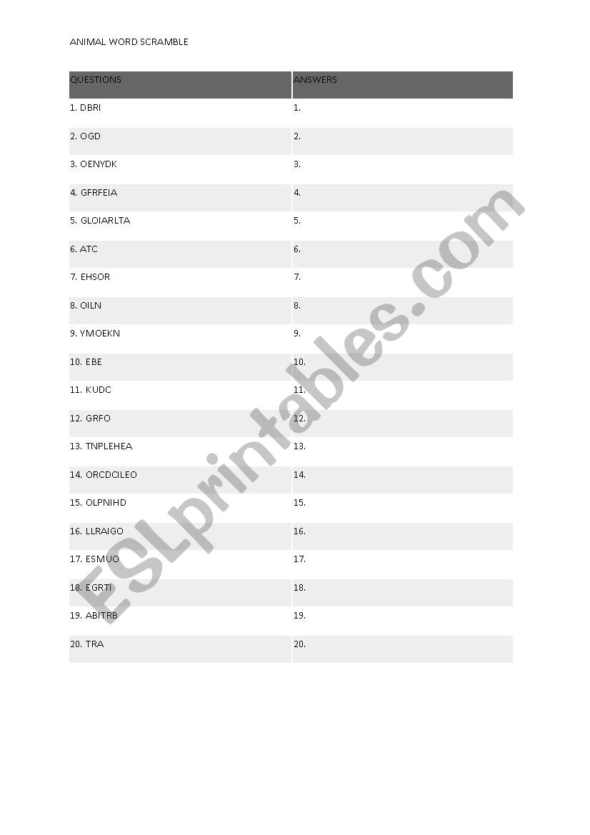 Animal word scramble worksheet