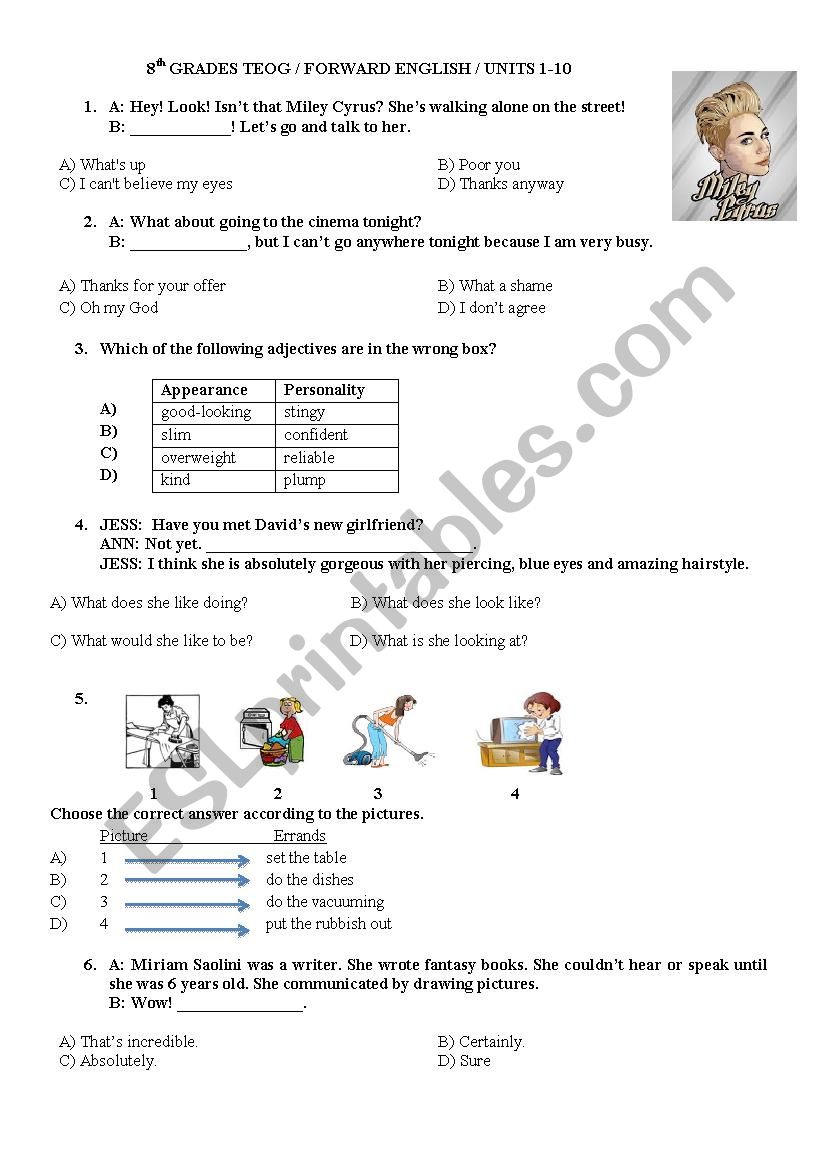 A multiple choice test for Pre-Intermediate Students / 8th Grades Units 1-10 TEOG