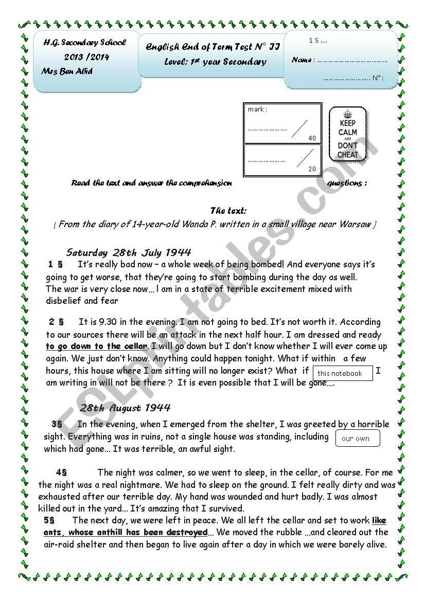 Reading comprehension Term II worksheet