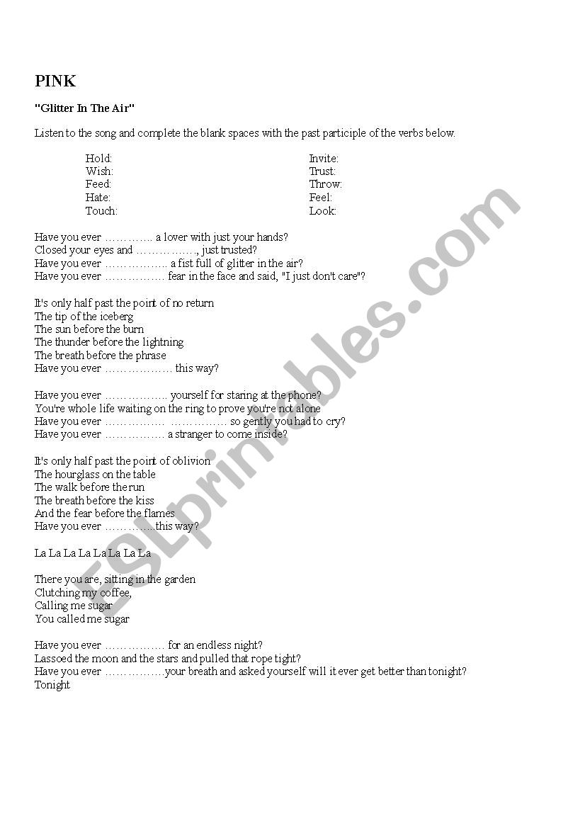 song: Glitter in the air worksheet