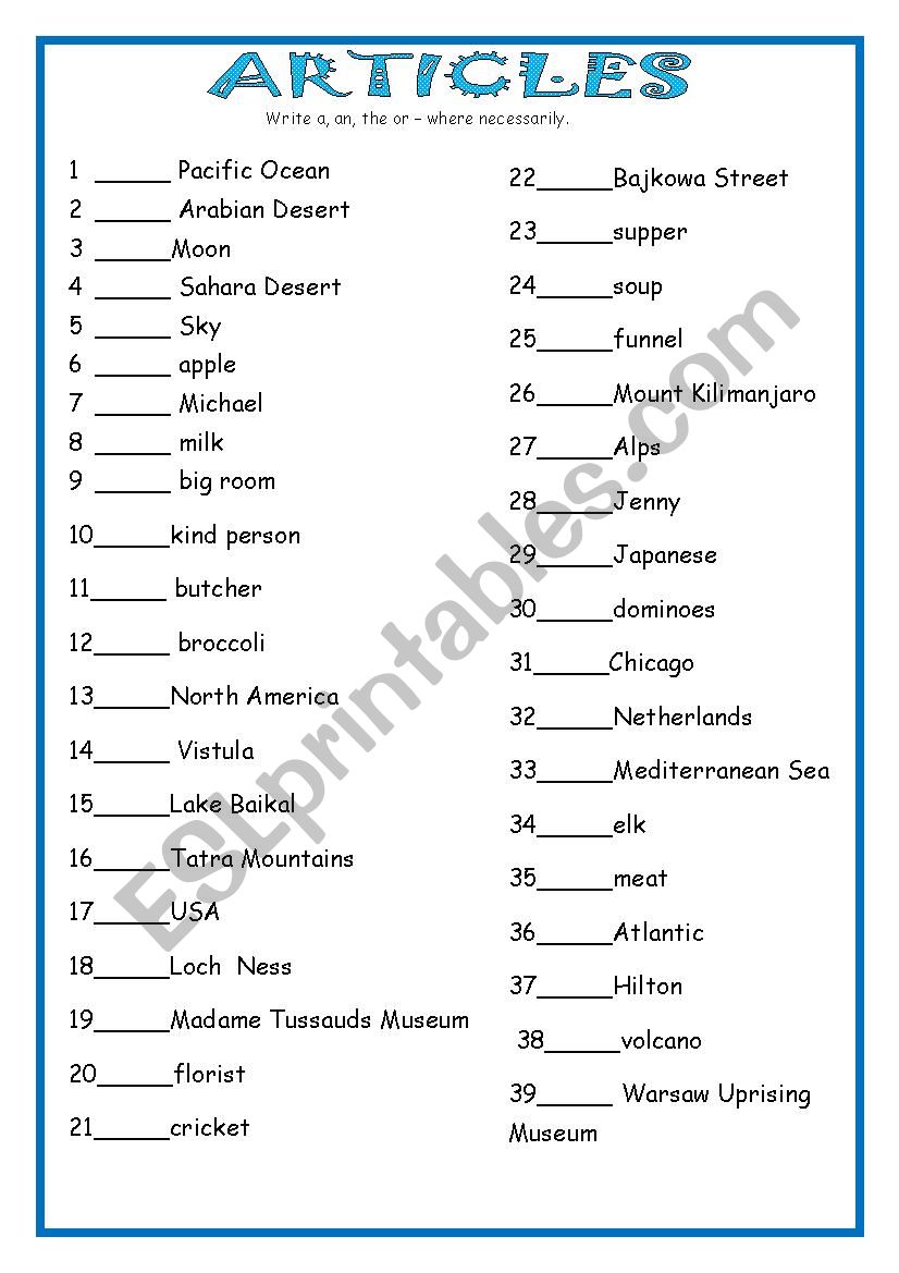 Articles worksheet