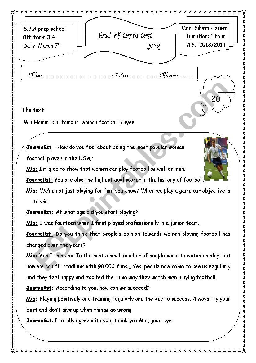 End of term test 2, 8th form worksheet