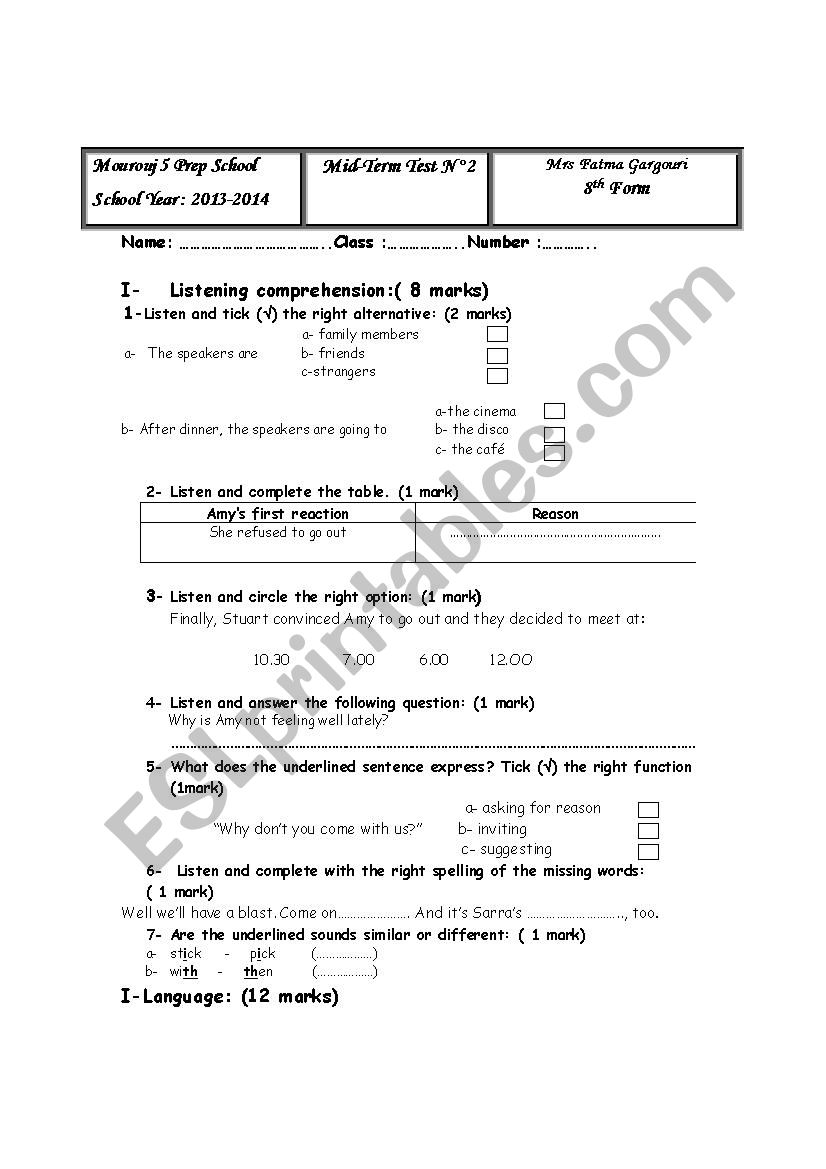 Mid- Term Test NÂ°2 worksheet