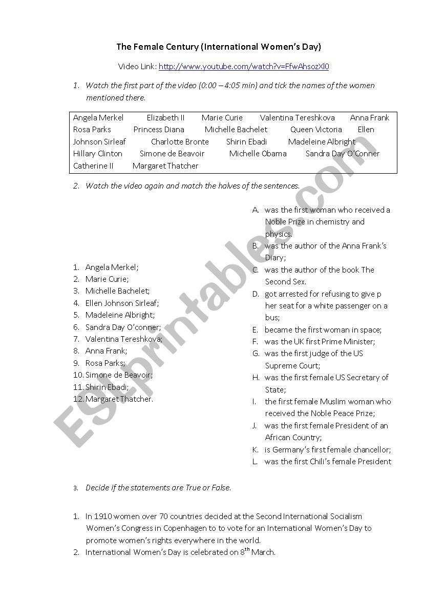 International WomenÂ´s Day. Video Worksheet