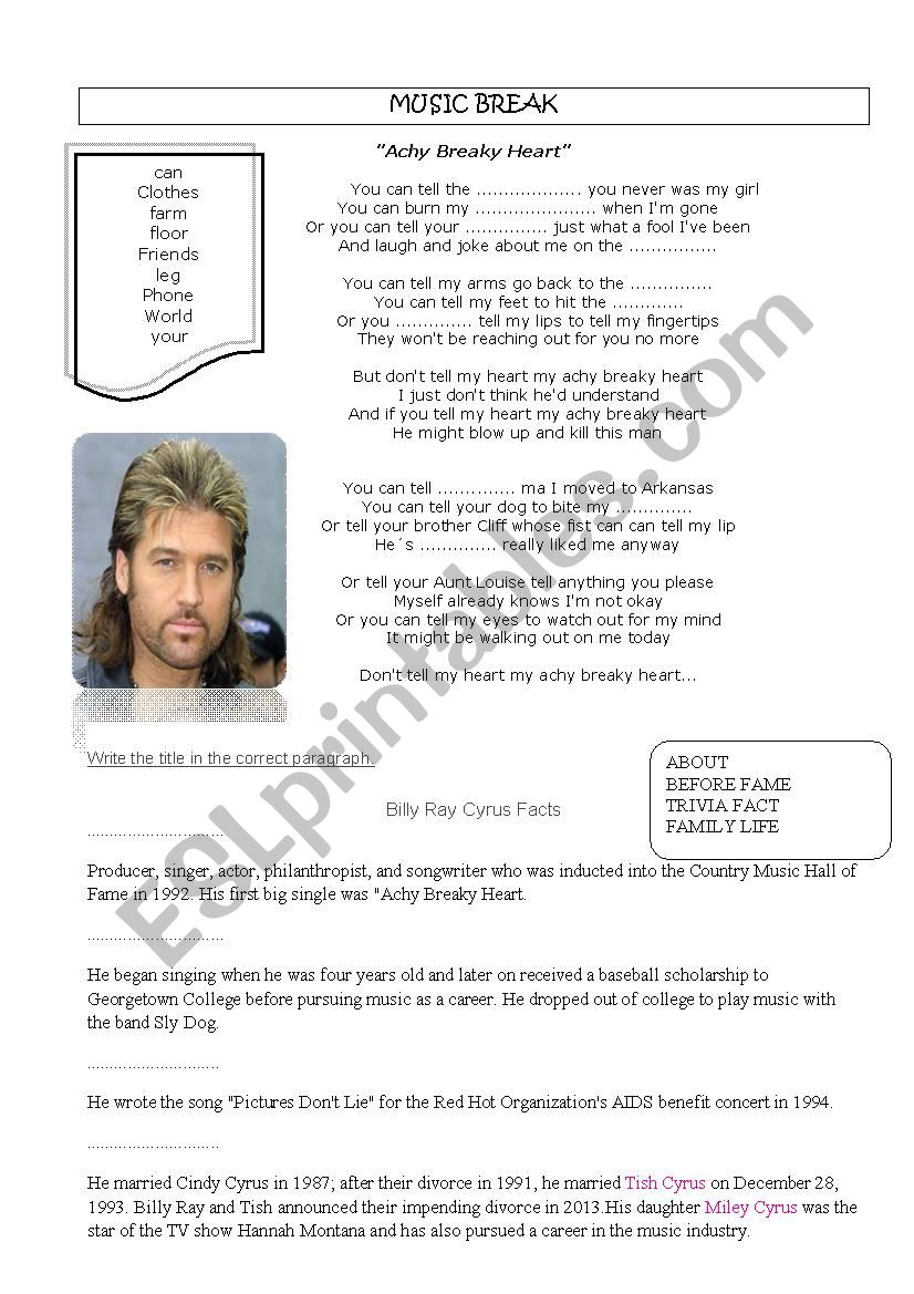 Achy Breaky Heart worksheet