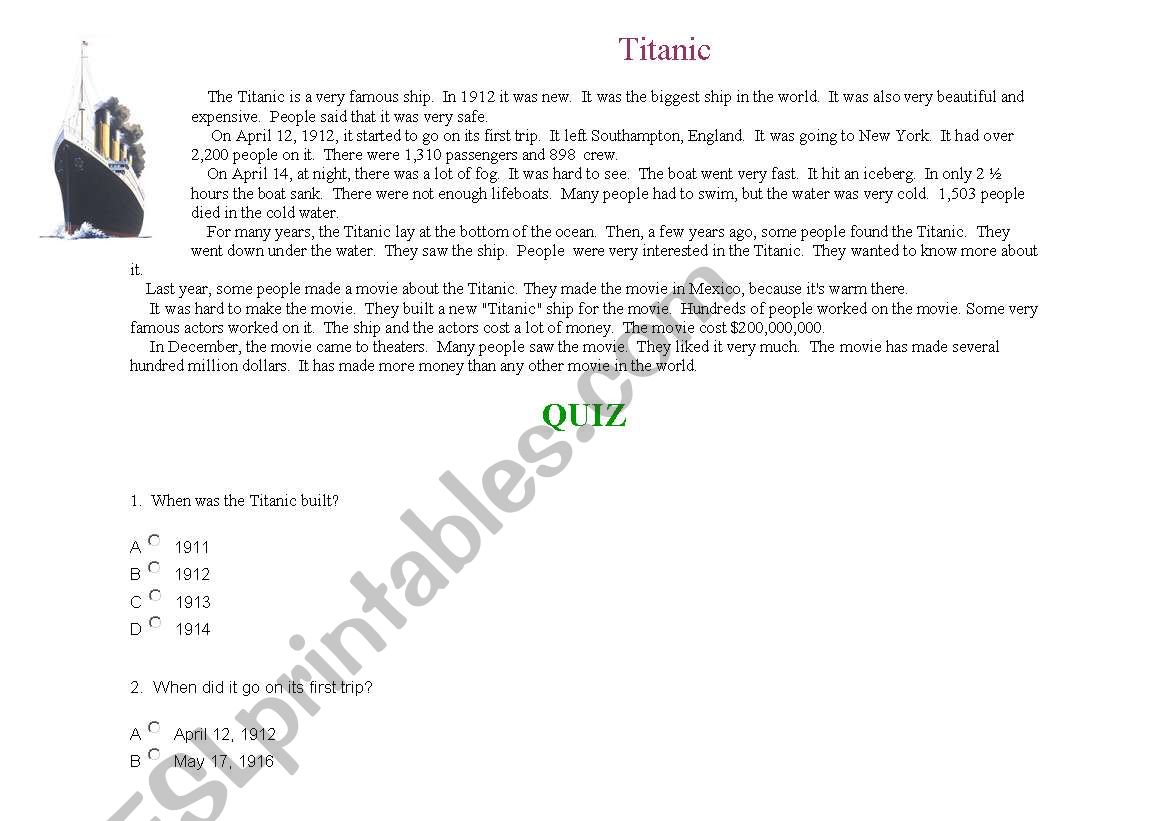 Titanic comprehension exercise quiz style