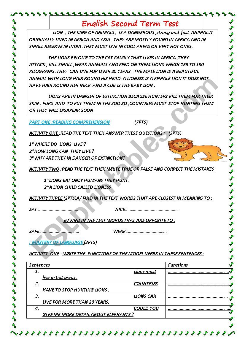 reading test worksheet