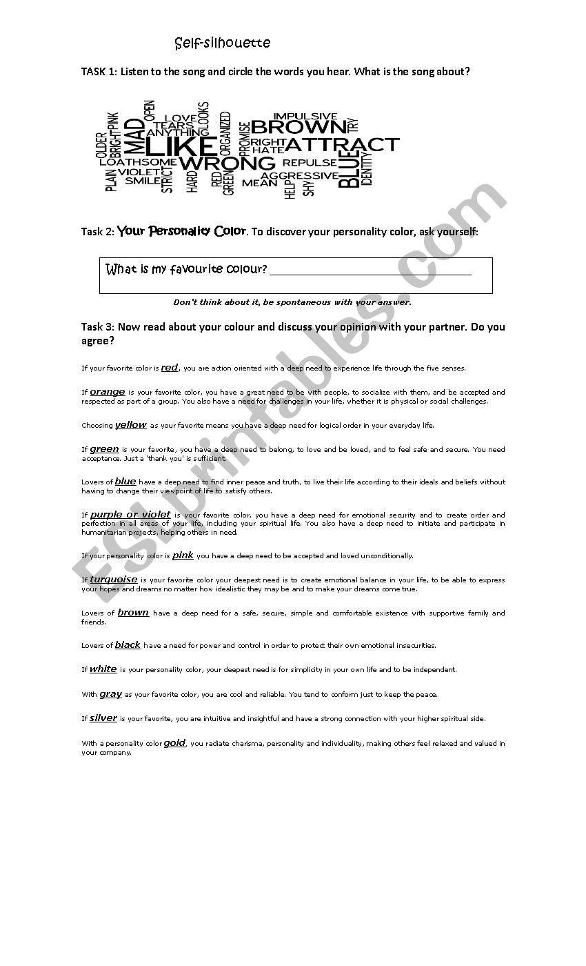 Self silhuette and song worksheet