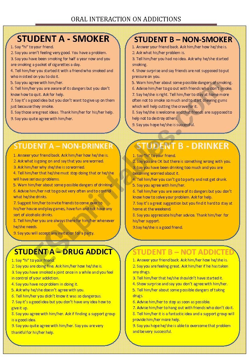 Oral interaction - addictions worksheet