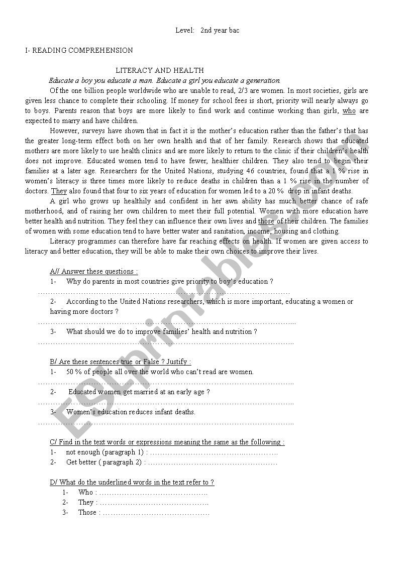 Second year Bac test worksheet