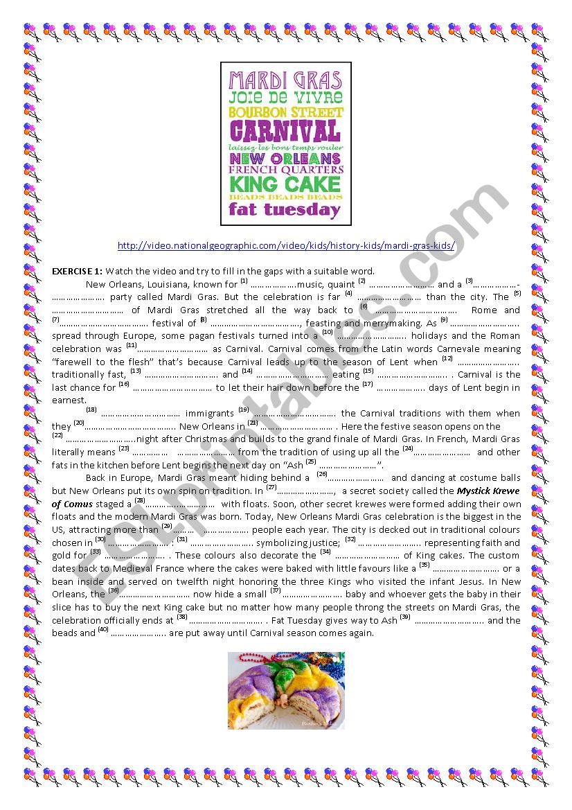 HISTORY OF MARDI GRAS worksheet