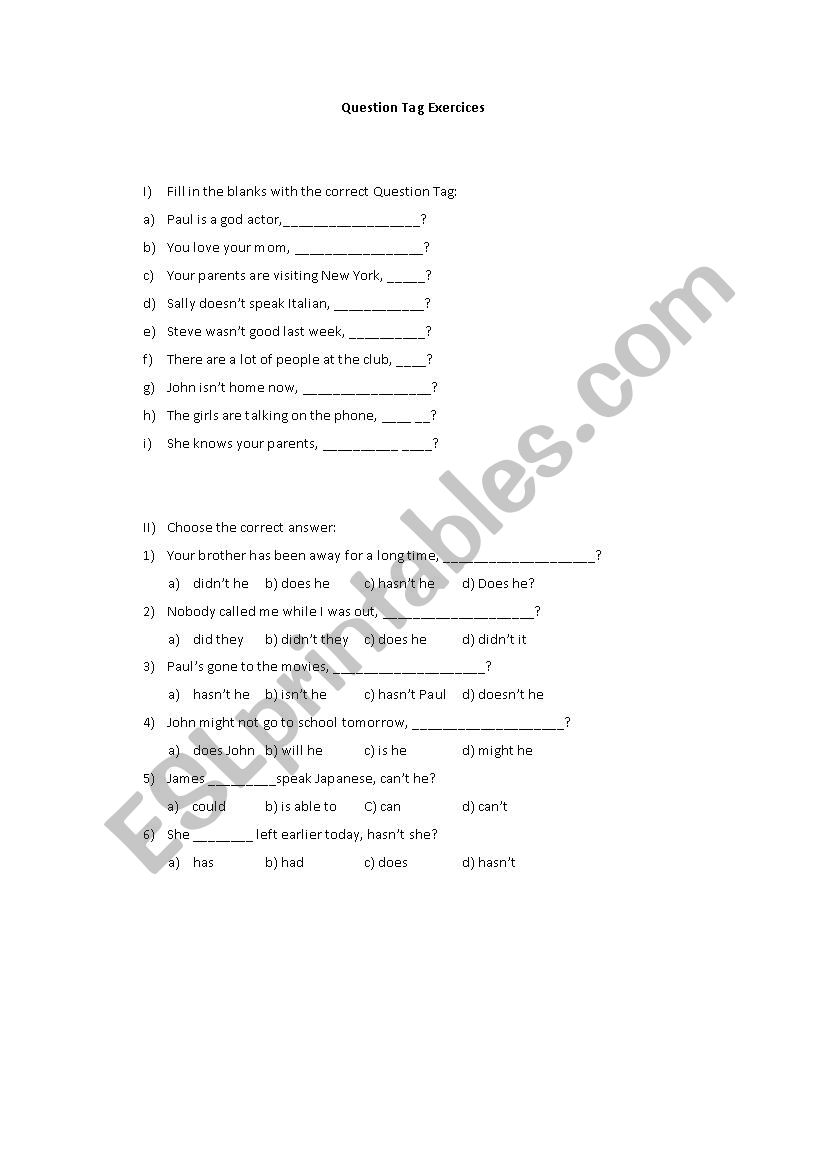 Question Tag Exercises worksheet