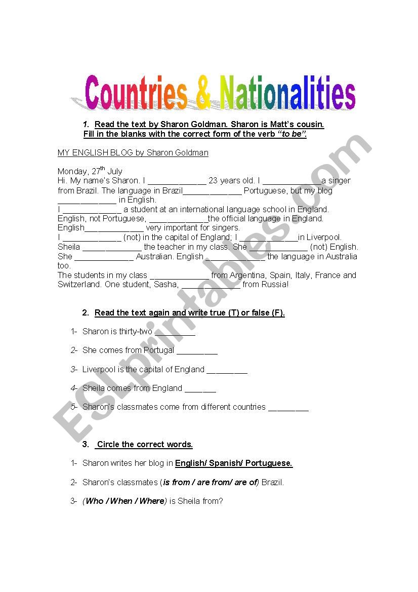 Countries & nationalitites worksheet