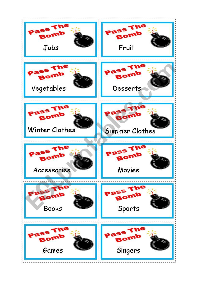 Pass the Bomb worksheet