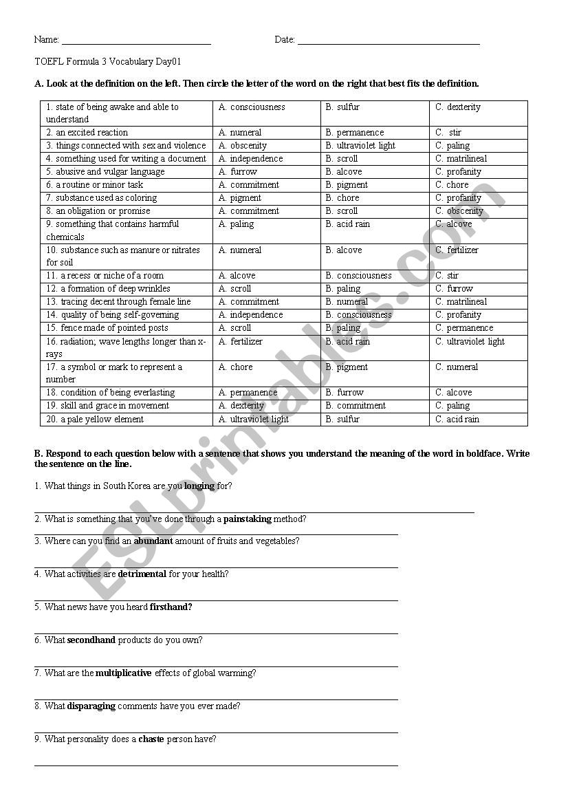 TOEFL Formula 3 Day 1 worksheet