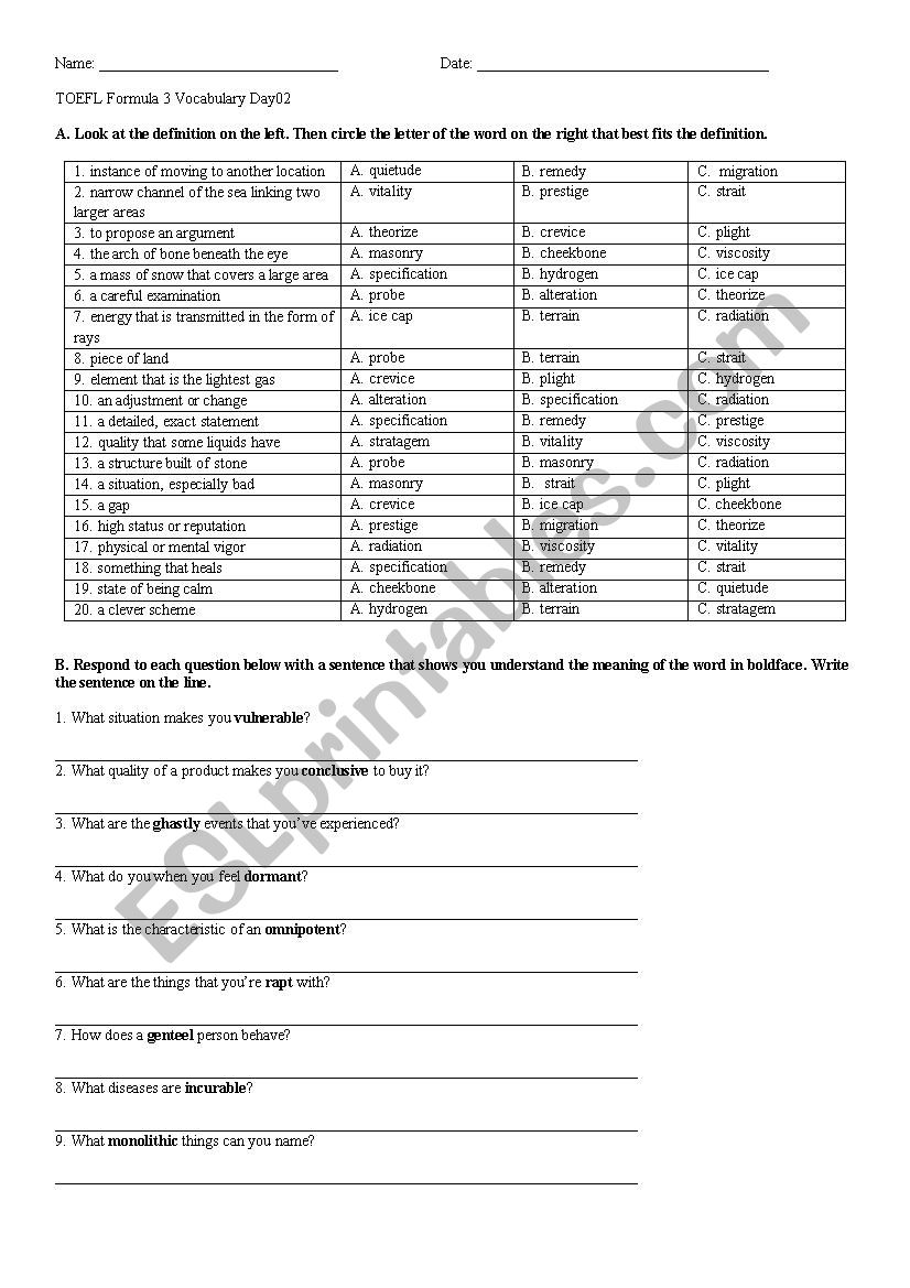 TOEFL Formula 3 Day 2 worksheet