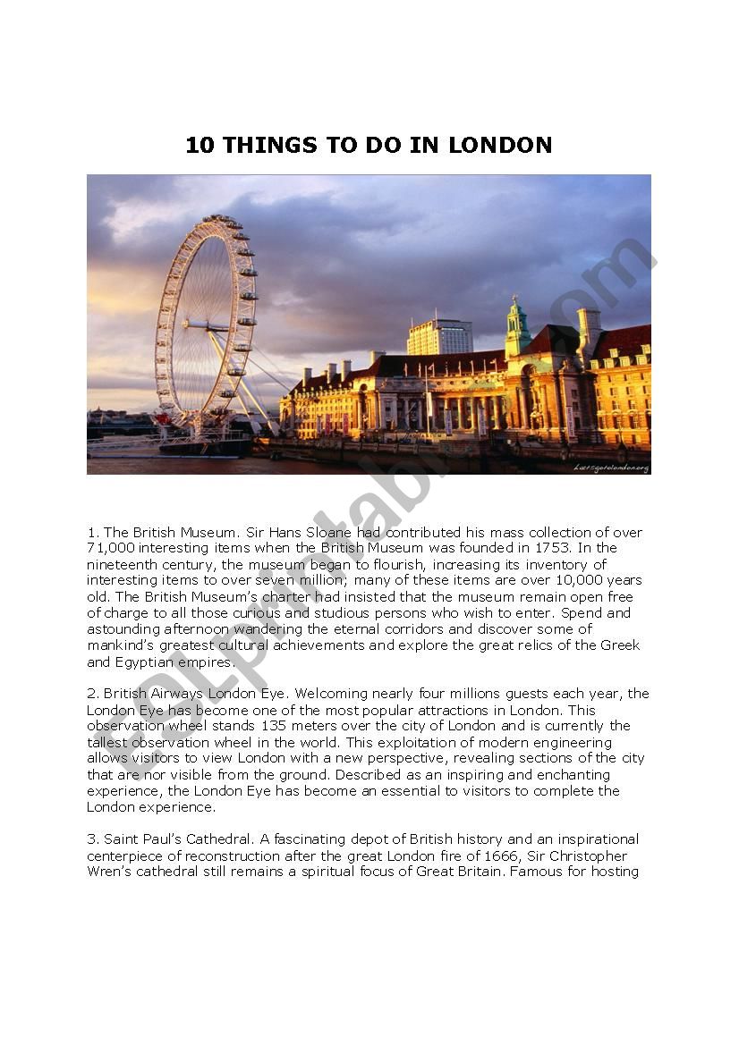 10 things to do in London worksheet