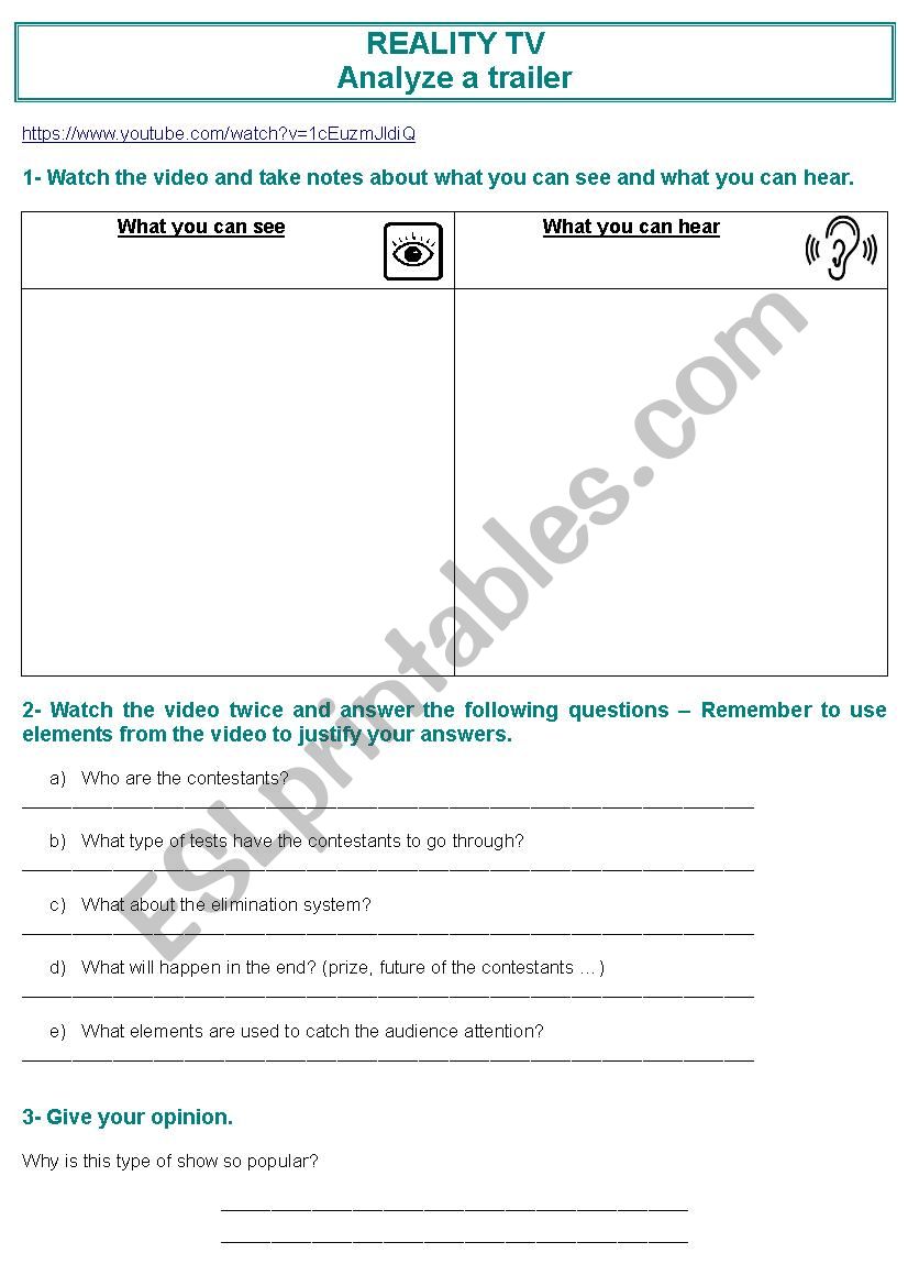 Reality show trailer worksheet