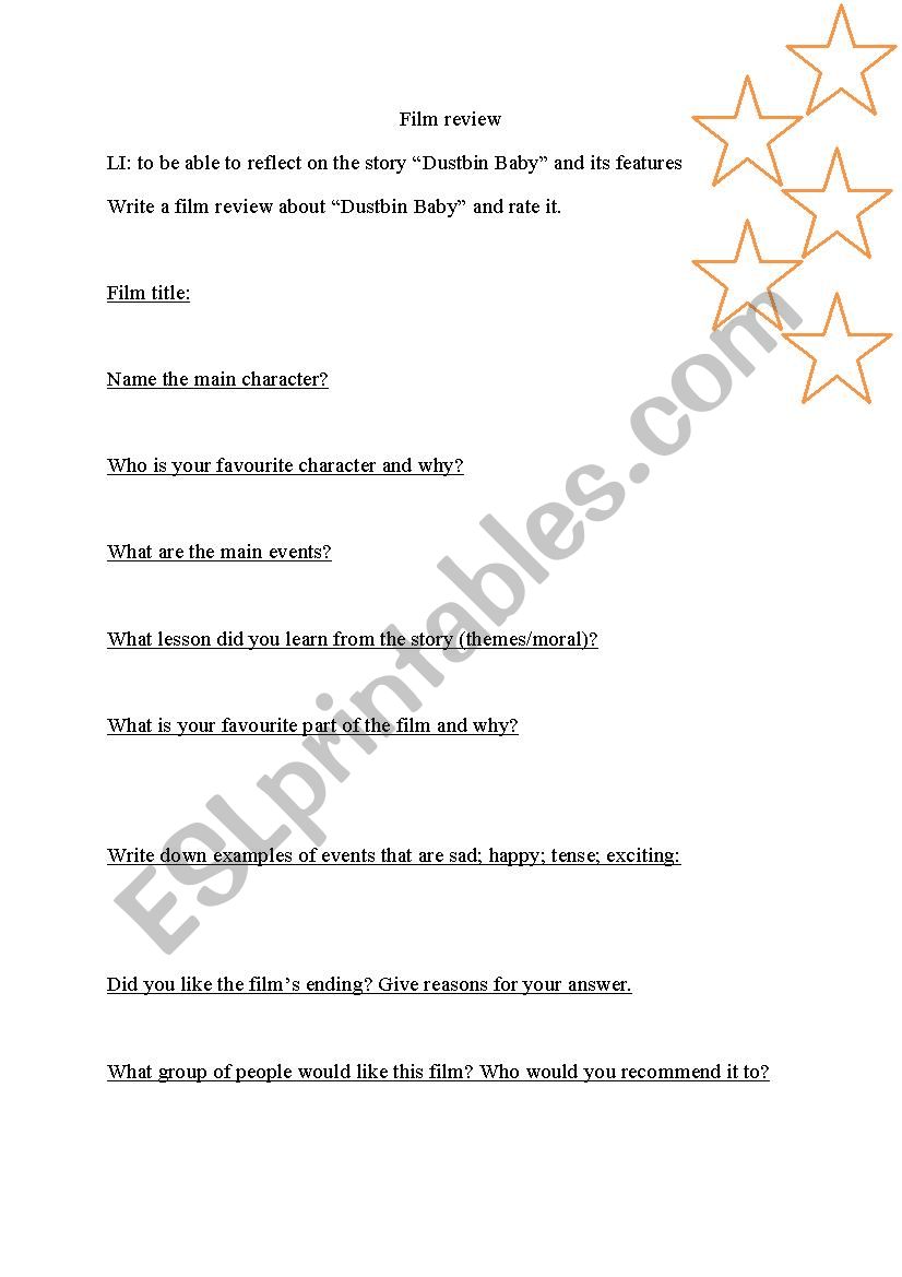 Film Review Dustbin Baby worksheet