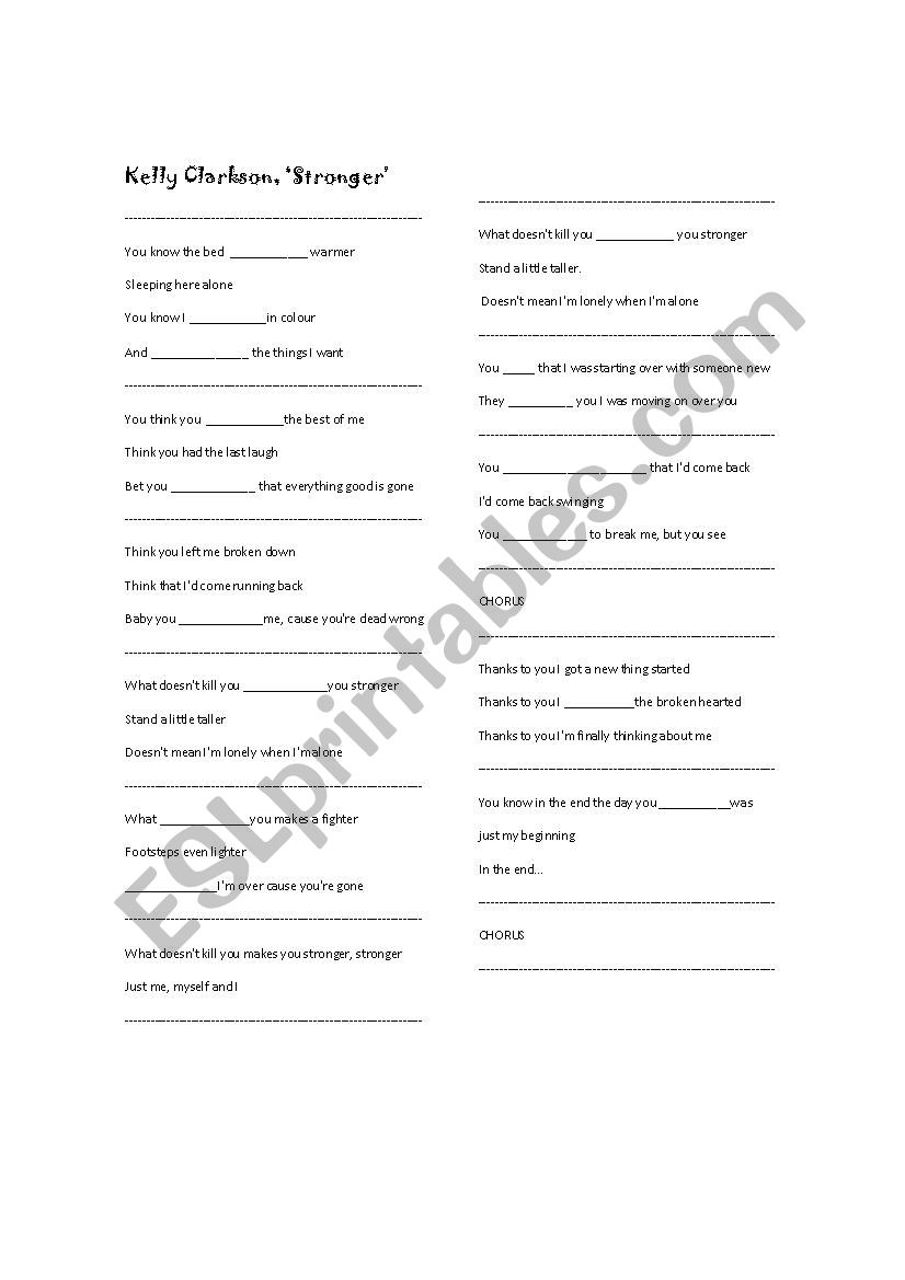 stronger by Kelly Clarkson worksheet