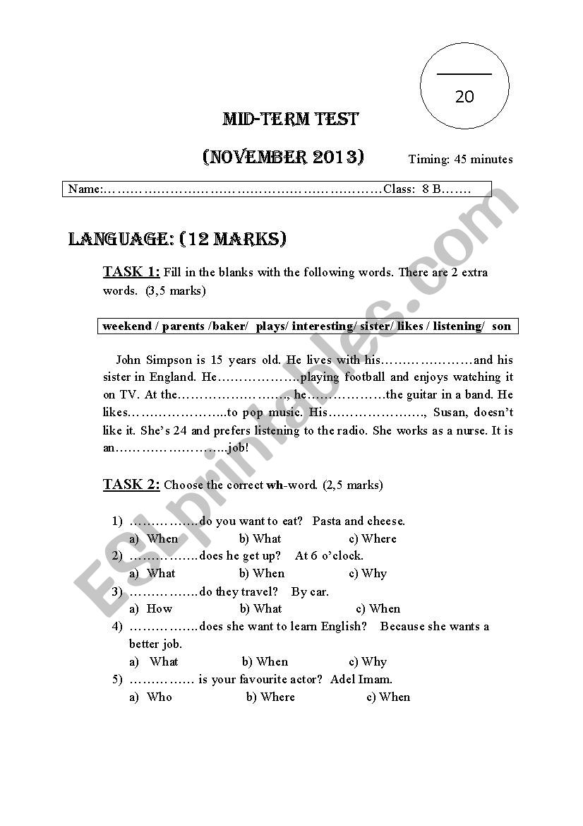 mid-term test (8th form) 1st semister