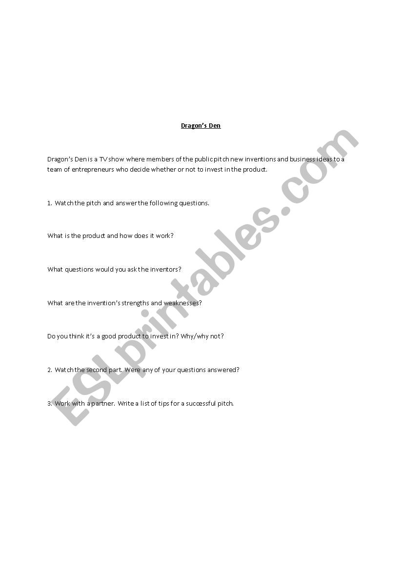 Dragons Den Worksheet worksheet