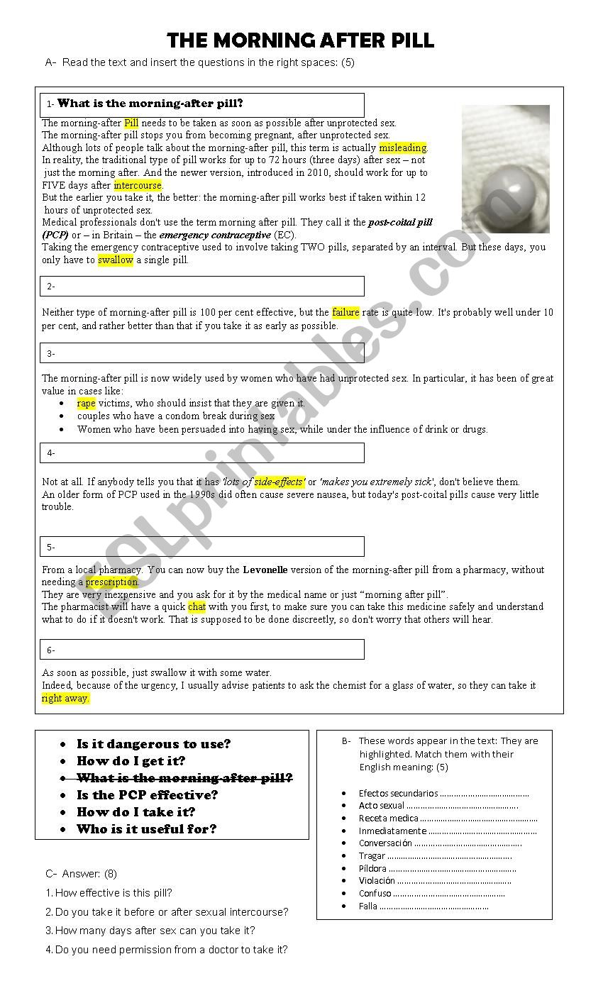 the mornig after pill worksheet